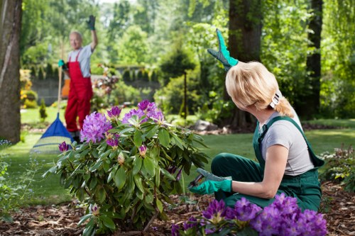 Gardener carrying out safe maintenance work with protective equipment